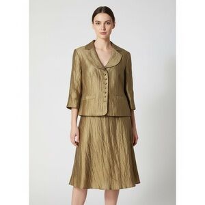 Louben Laura Gold Blazer and Skirt Set Crinkle Linen Blend Size 8
